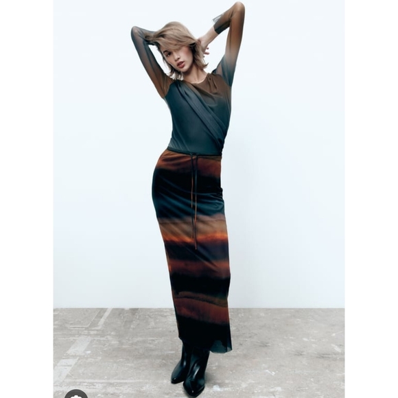 Zara Tulle Printed Skirt Semi Sheer Sunset Cool Color Watercolor Maxi| Small - Picture 2 of 6